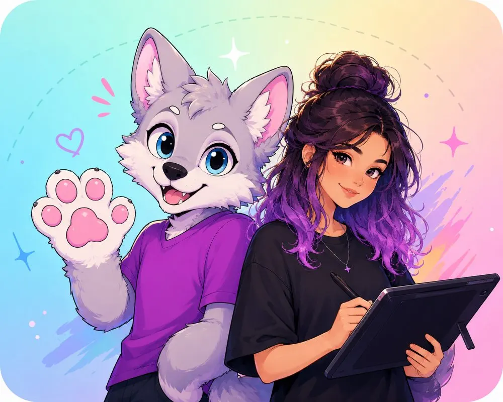 Avio artist illustration with grey husky fursona waving