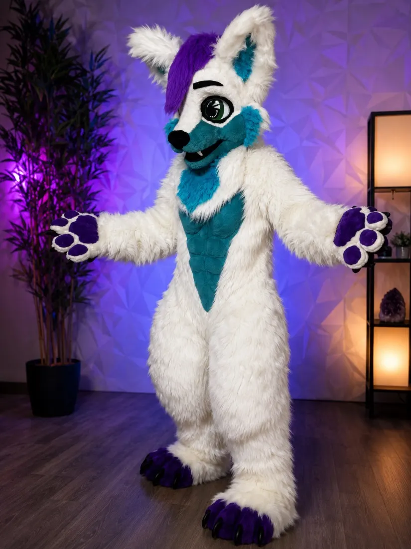 White fursuit posing in neon-lit room