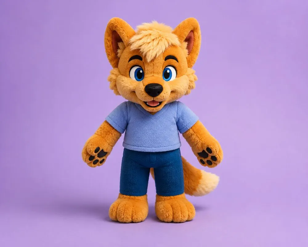 Custom fox plushie in a blue tee
