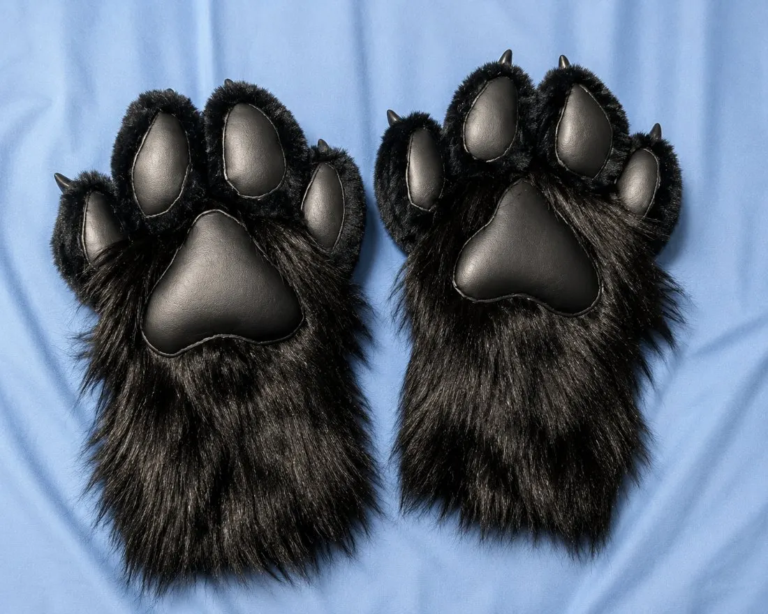 Black fursuit handpaws with claws and leather pads