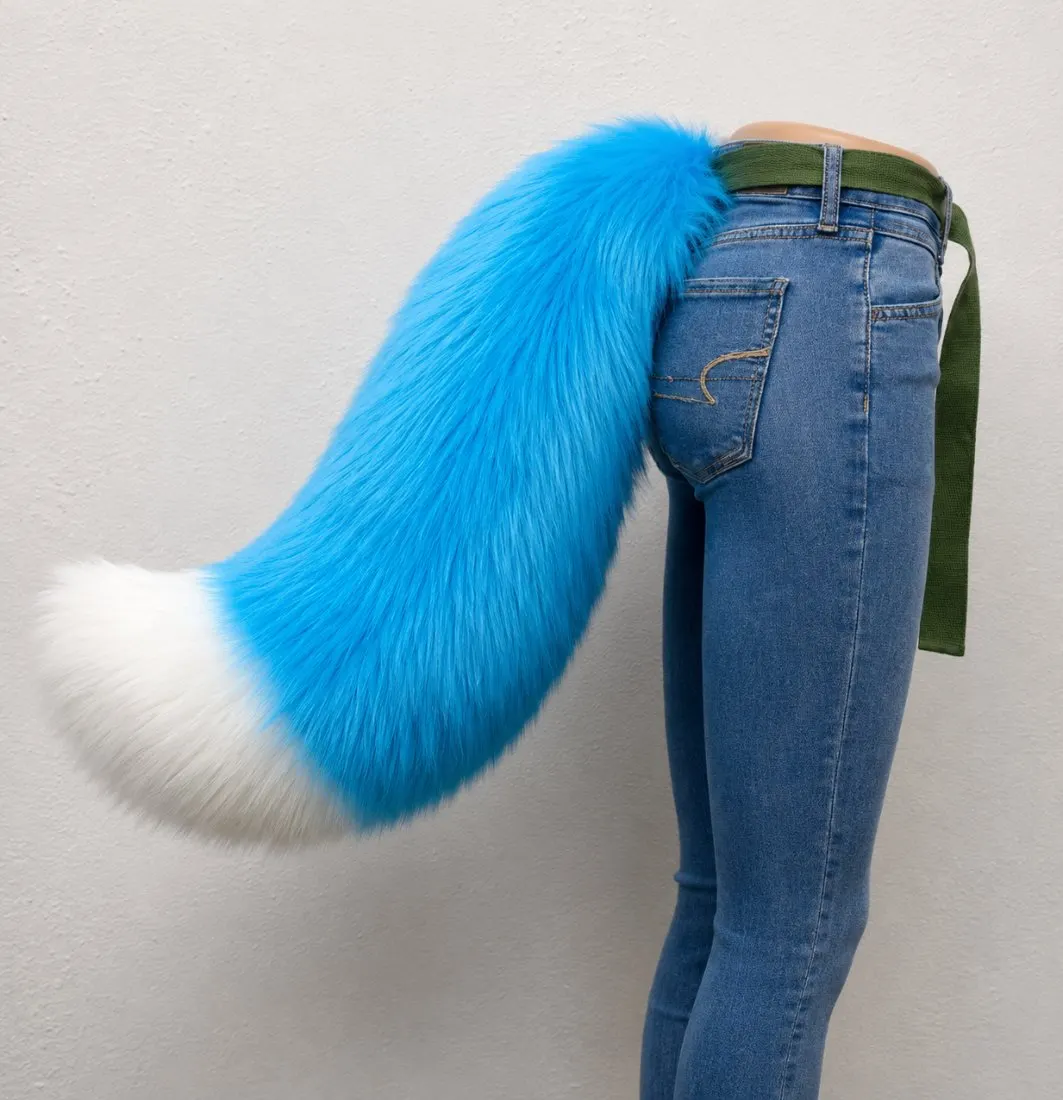 Blue and white custom fursuit dragger tail with belt